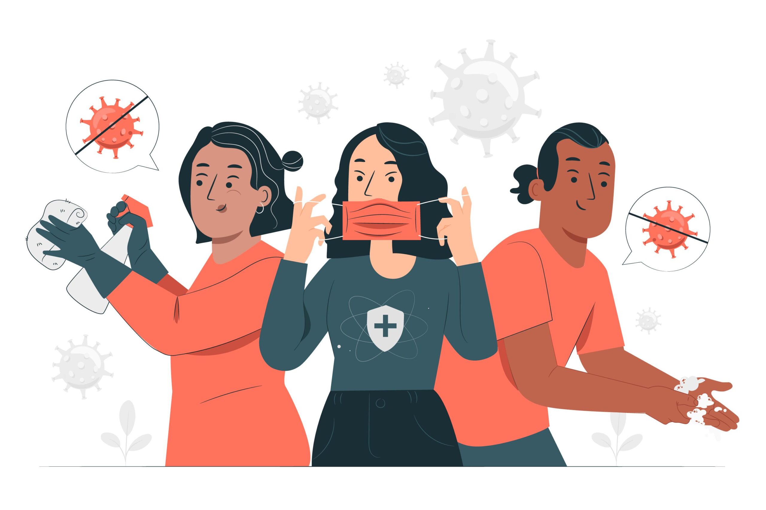 an illustration of three people practicing safe behaviors to deal with coronavirus