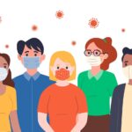 illustration of five people wearing masks with coronavirus particles in the air