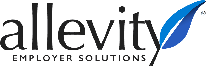 a logo with the wordmark allevity employer solutions with a leaf image